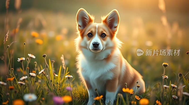 阳光下的柯基犬与野花