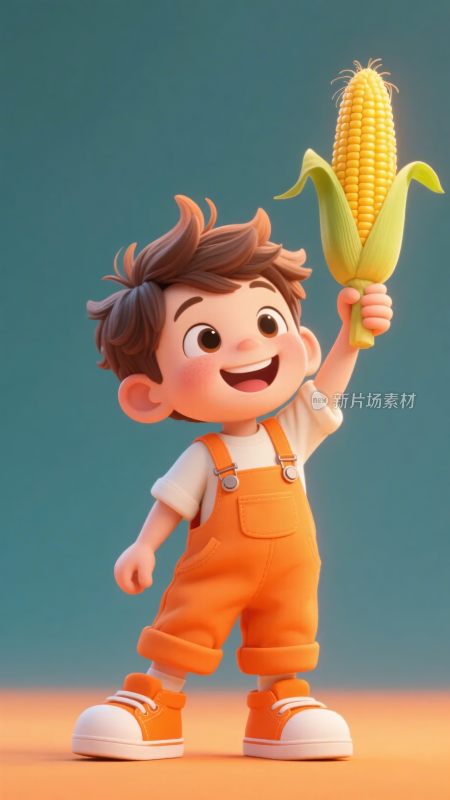 举着玉米的卡通小男孩
