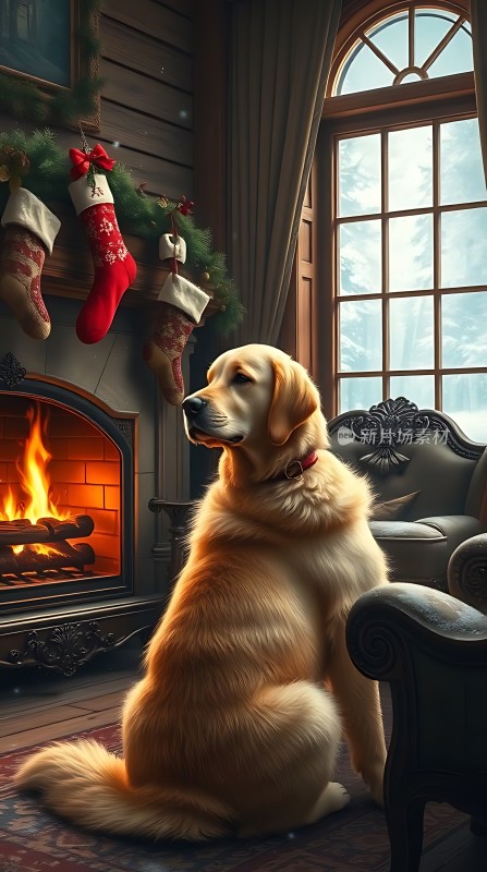 温馨壁炉旁的金毛犬