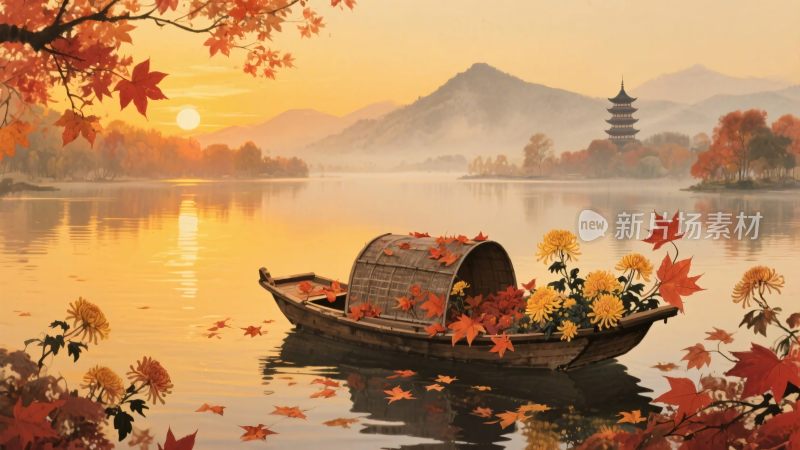 秋景山水船插画