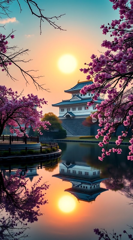 樱花湖畔古建筑日落美景