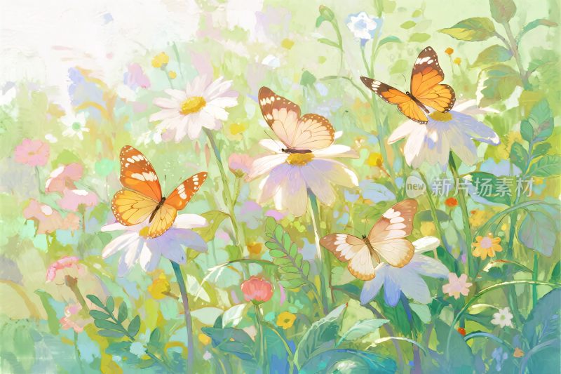 花丛中飞舞的蝴蝶插画