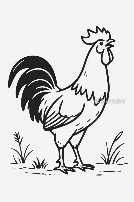 黑白手绘站立公鸡插画