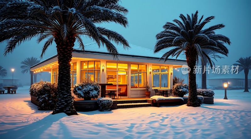 雪夜棕榈树下的温馨小屋