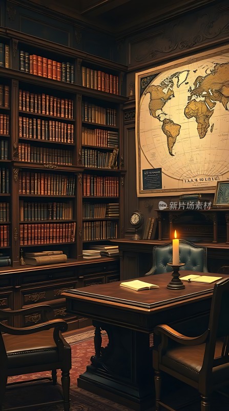 古董书房里的世界地图与书架