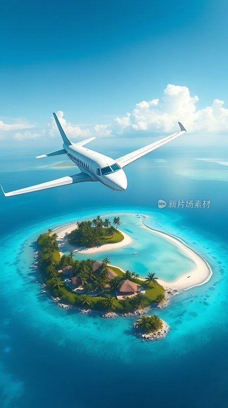 蓝天白云下的私人飞机飞越美丽岛屿