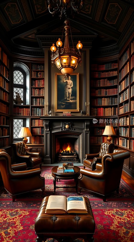 古典书房雅致空间书架环绕壁炉温暖沙发舒适地毯华丽