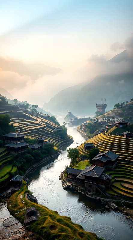 梯田人家山水画卷