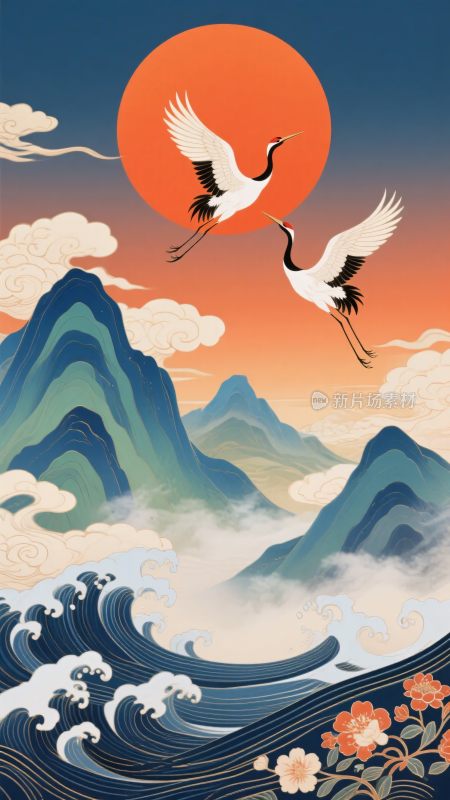 山海间双鹤伴日飞翔图景