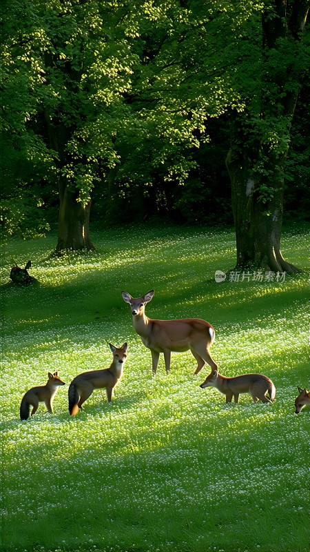 阳光下的鹿与狐狸和谐共处