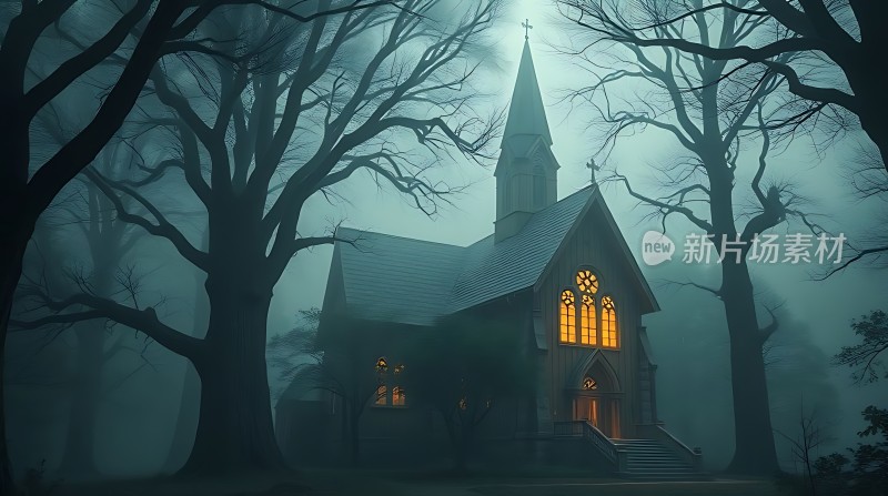 雾夜中的神秘教堂