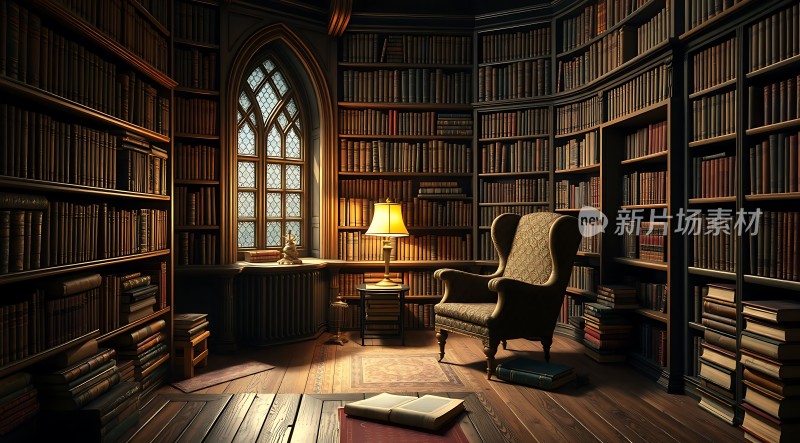 古色古香书房书架、椅子和台灯