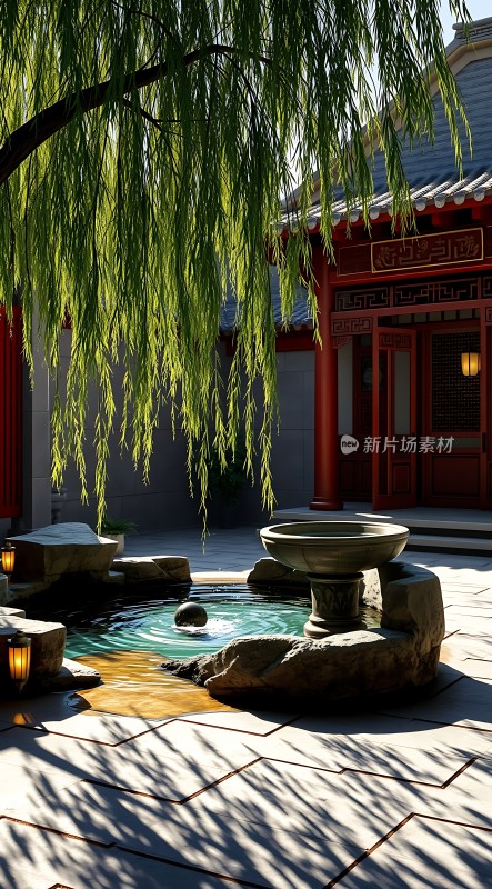 古风庭院柳影斑驳映碧波