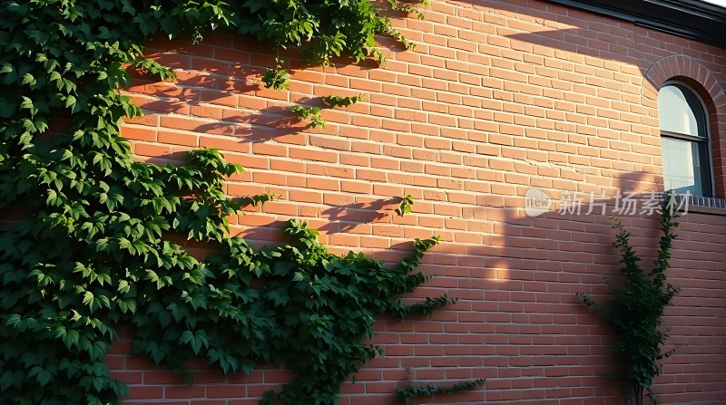 阳光下的红砖墙与绿藤
