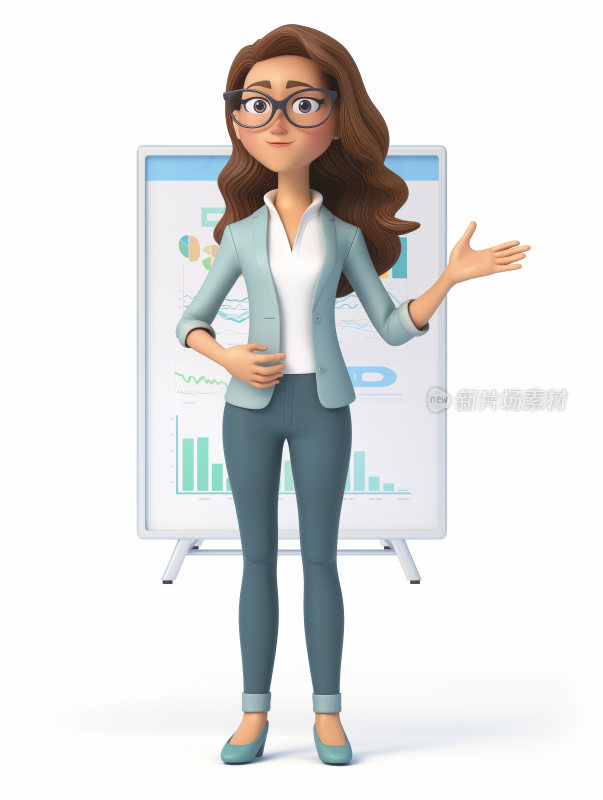 3D卡通形象的商务女士正在数据看板前讲解