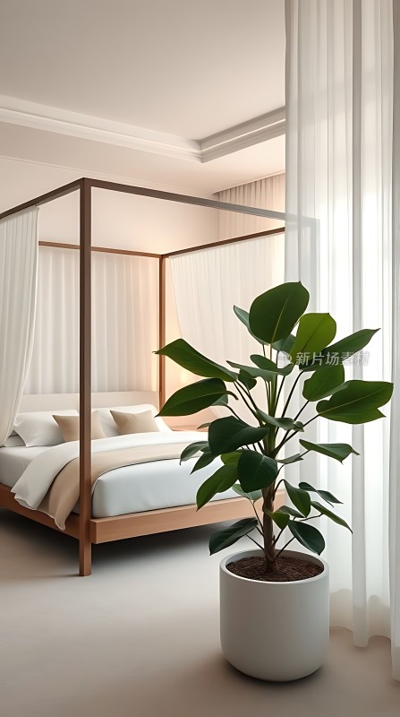 现代简约卧室绿植点缀温馨生活
