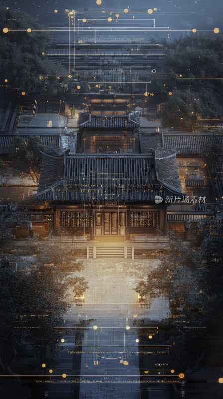 智能科技装饰的古代建筑俯视图