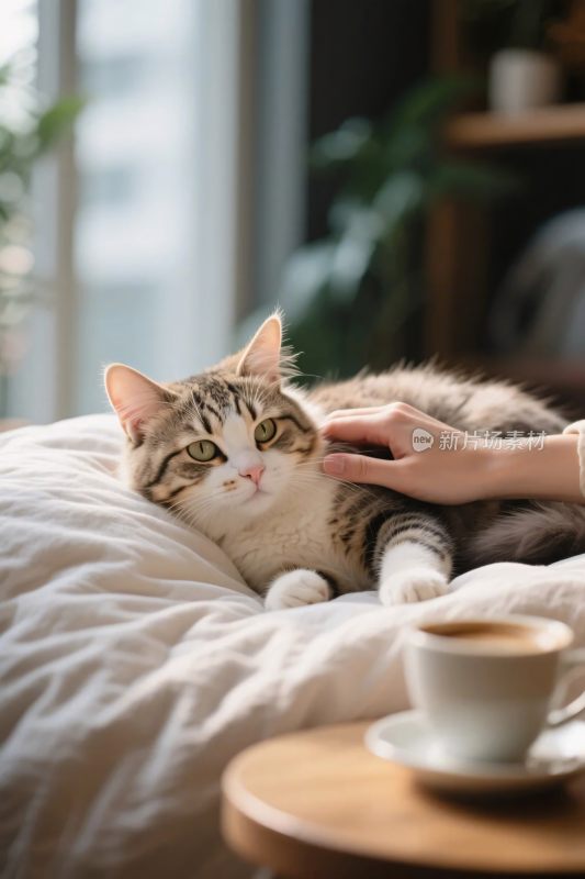 猫咪温馨床上场景