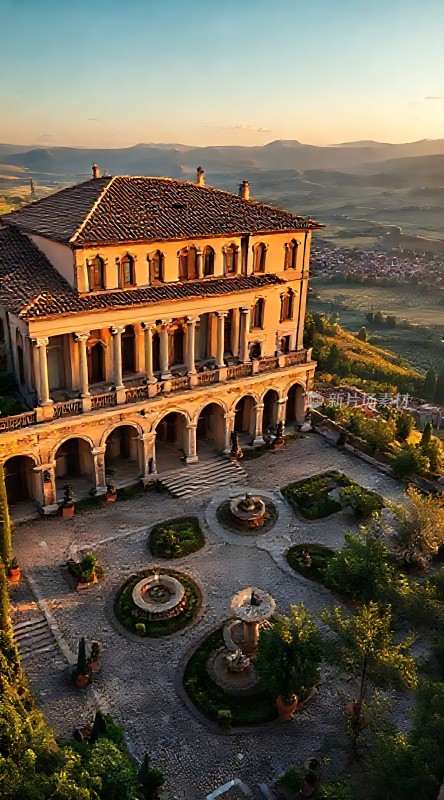 日落下的宏伟宫殿与宁静庭院