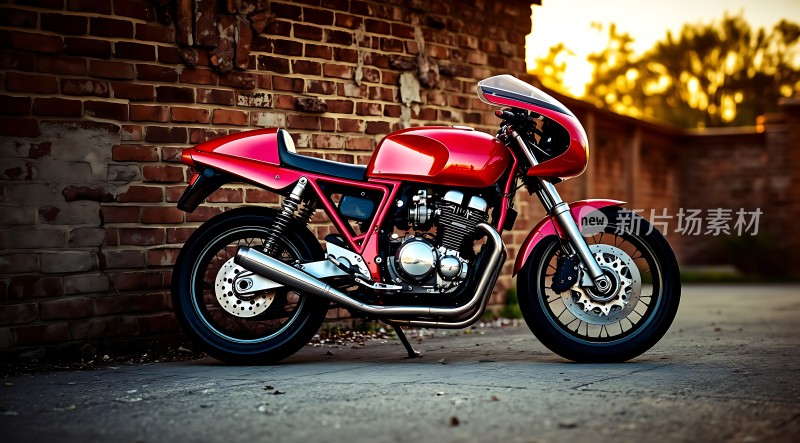 红色摩托映夕阳