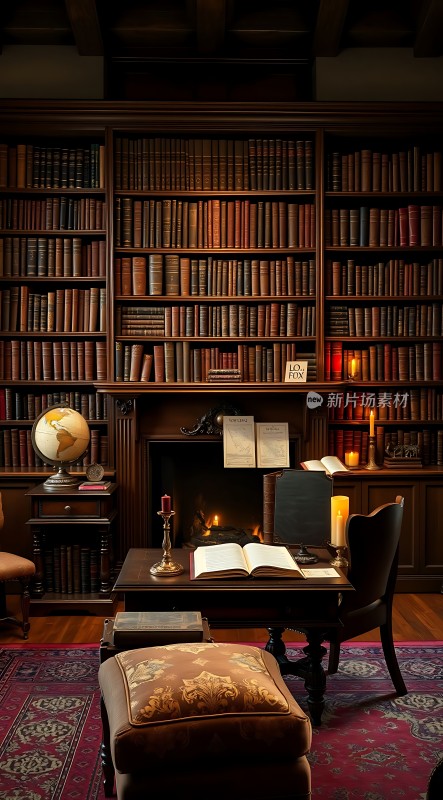 古典书房书架、壁炉与桌椅营造温馨氛围