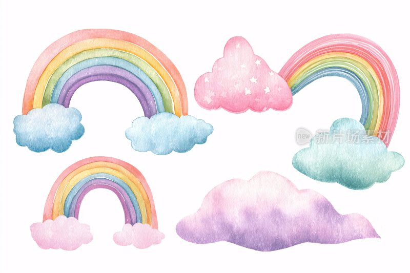 水彩风格彩虹与云朵插画
