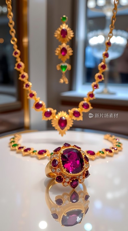 黄金镶嵌宝石项链戒指套装展示