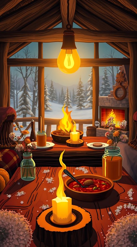 冬日暖炉旁温馨晚餐