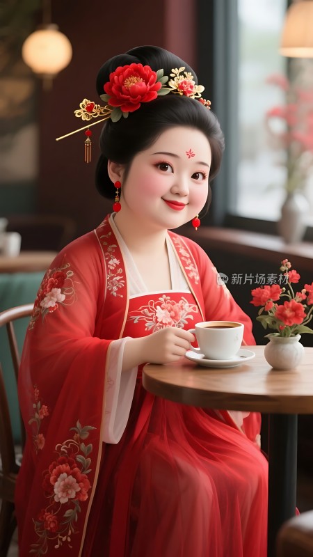 红色汉服佳人优雅品茗