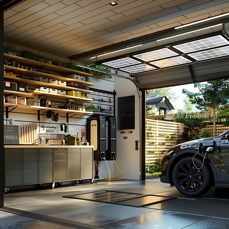 现代车库整洁有序太阳能板与电动汽车共存