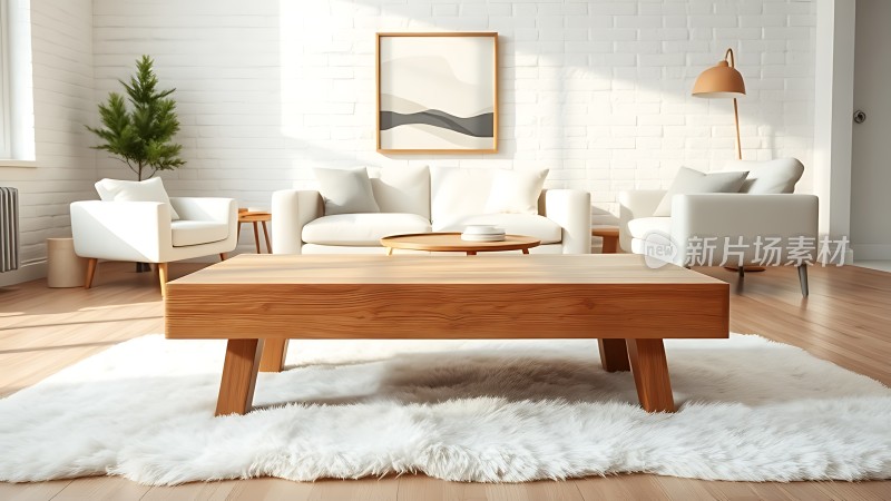 现代简约客厅木质茶几与白色沙发搭配营造温馨舒适的氛围