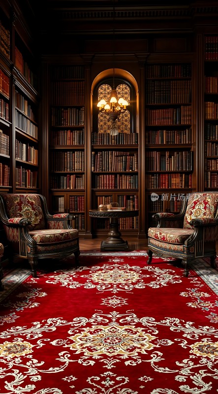 古色古香的书房红毯与书架相映成趣