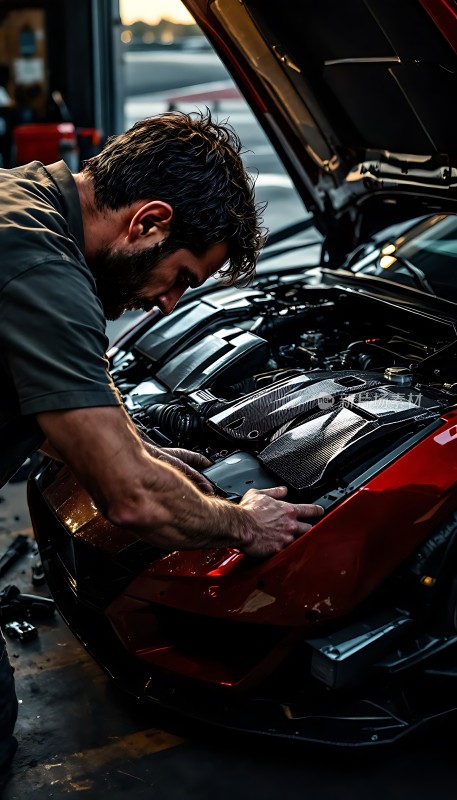 机械师专注检修红色跑车引擎