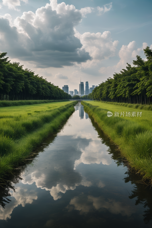 一条河流流经一片郁郁葱葱绿地高大建风景