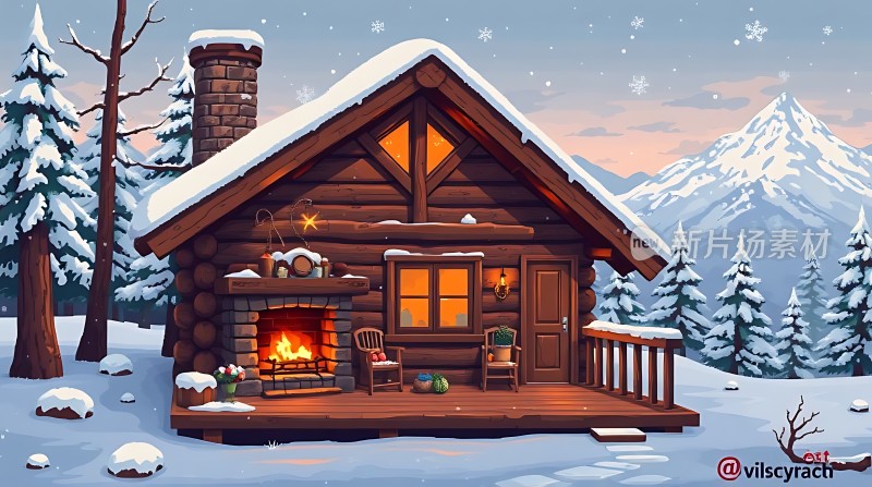 雪夜小木屋温馨 fireplace