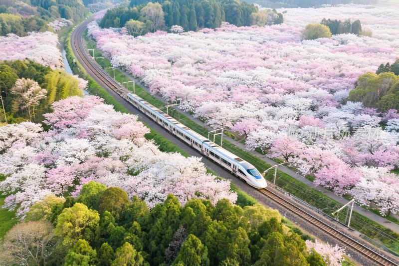 樱花树林列车春景