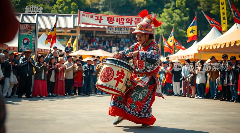 传统服饰表演鼓声阵阵观众围观