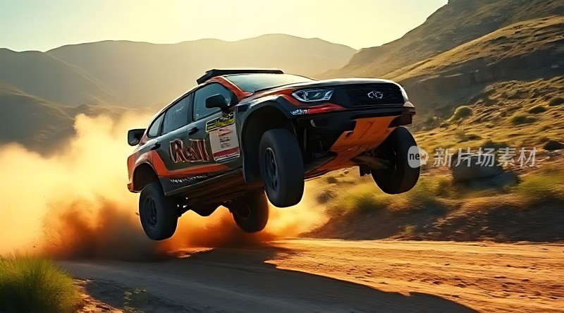 越野车飞跃山丘尘土飞扬展现速度与激情