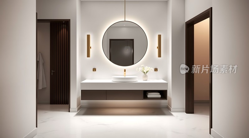 现代浴室设计圆形镜子与洗手台