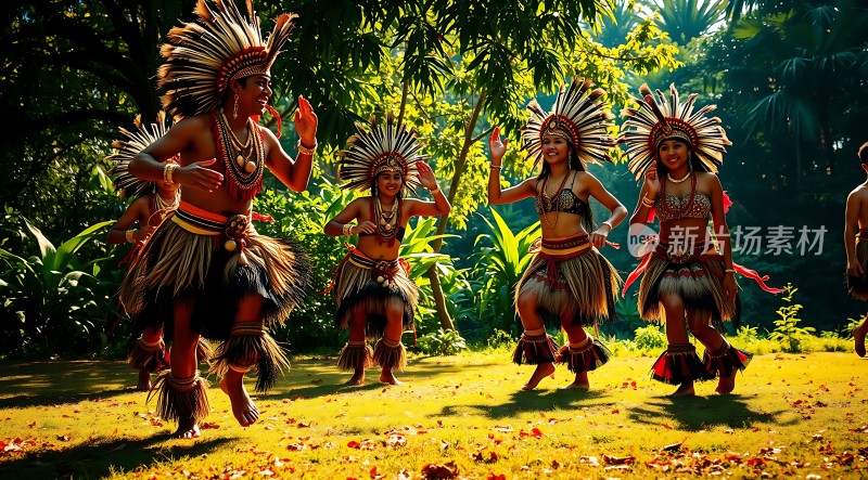 热带雨林中身着传统服饰的人们欢快起舞