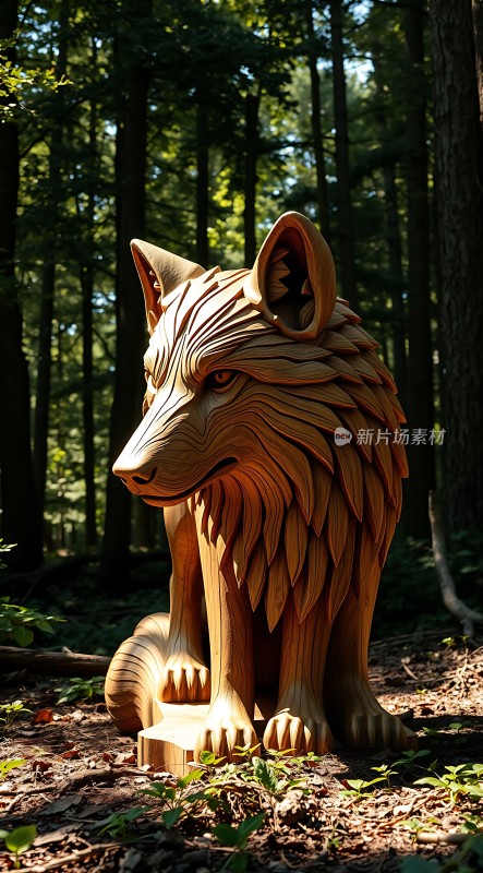 森林中的木制狼雕
