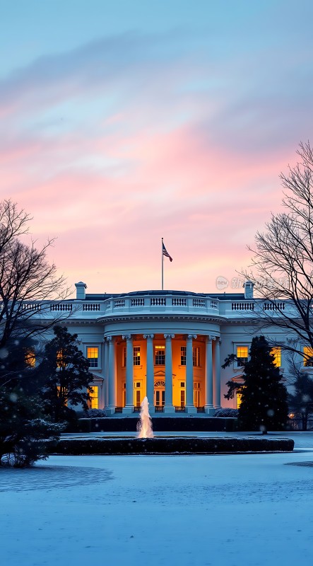 白宫雪夜国旗飘扬灯光璀璨
