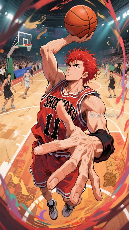 红发篮球少年球衣11号跃起投篮瞬间
