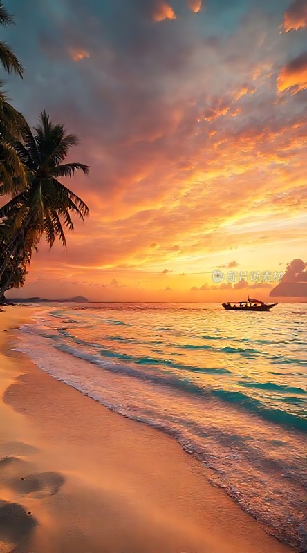 椰林晚霞映碧波