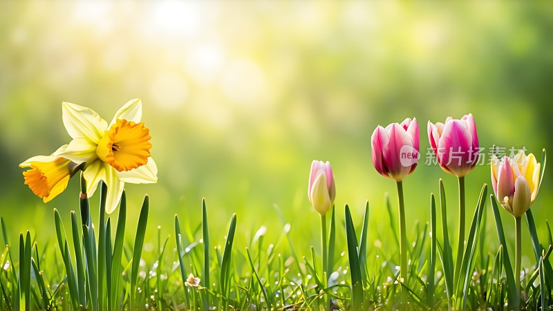 阳光下的郁金香与水仙花
