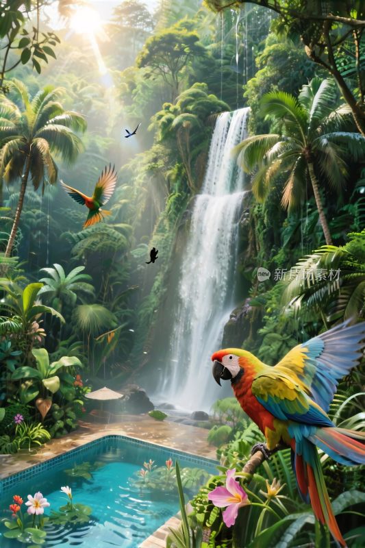 热带雨林瀑布风景插画