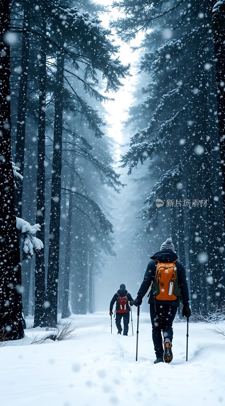 雪地徒步旅行者穿越森林小径