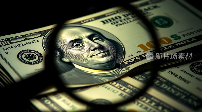 透过放大镜看100美元纸币上的本杰明·富兰克林肖像