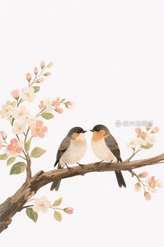 两只小鸟栖息花枝插画