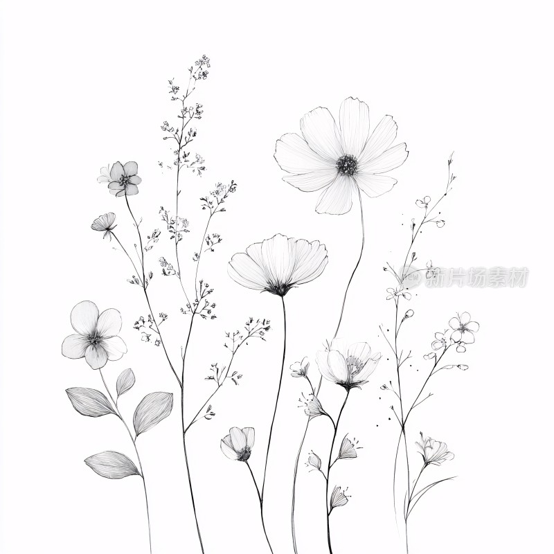 黑白手绘花卉插画
